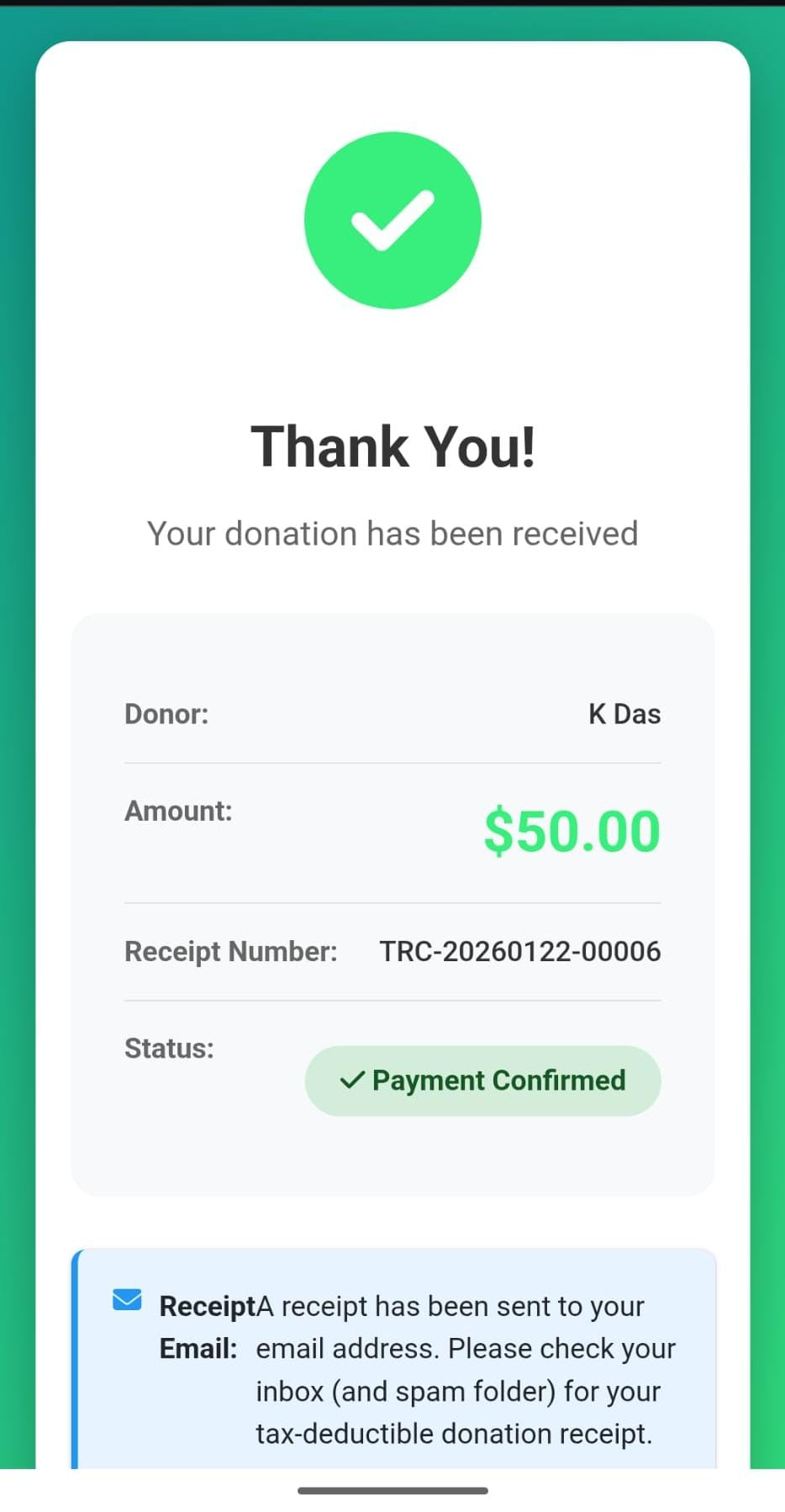 UnityConnect Donation Confirmation